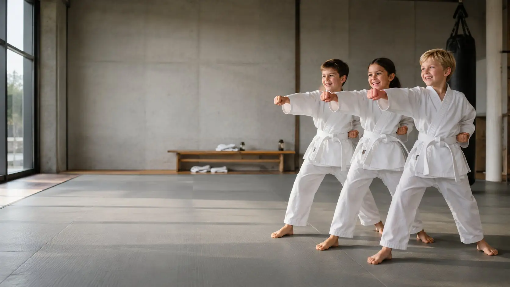Karate Kids üben den Stand in der Trainingshalle